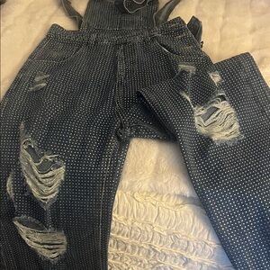 Distressed bling all over!  Overalls